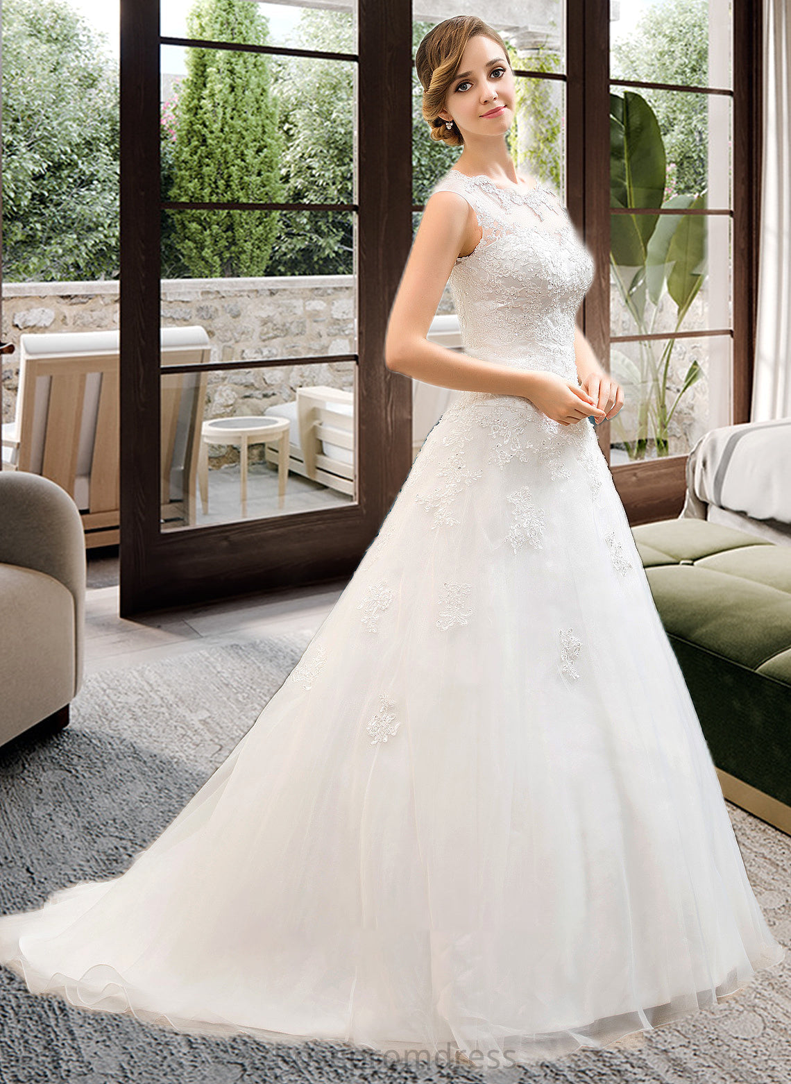 Nell Ball-Gown/Princess Illusion Sweep Train Organza Tulle Wedding Dress With Beading Sequins SRSP0013719