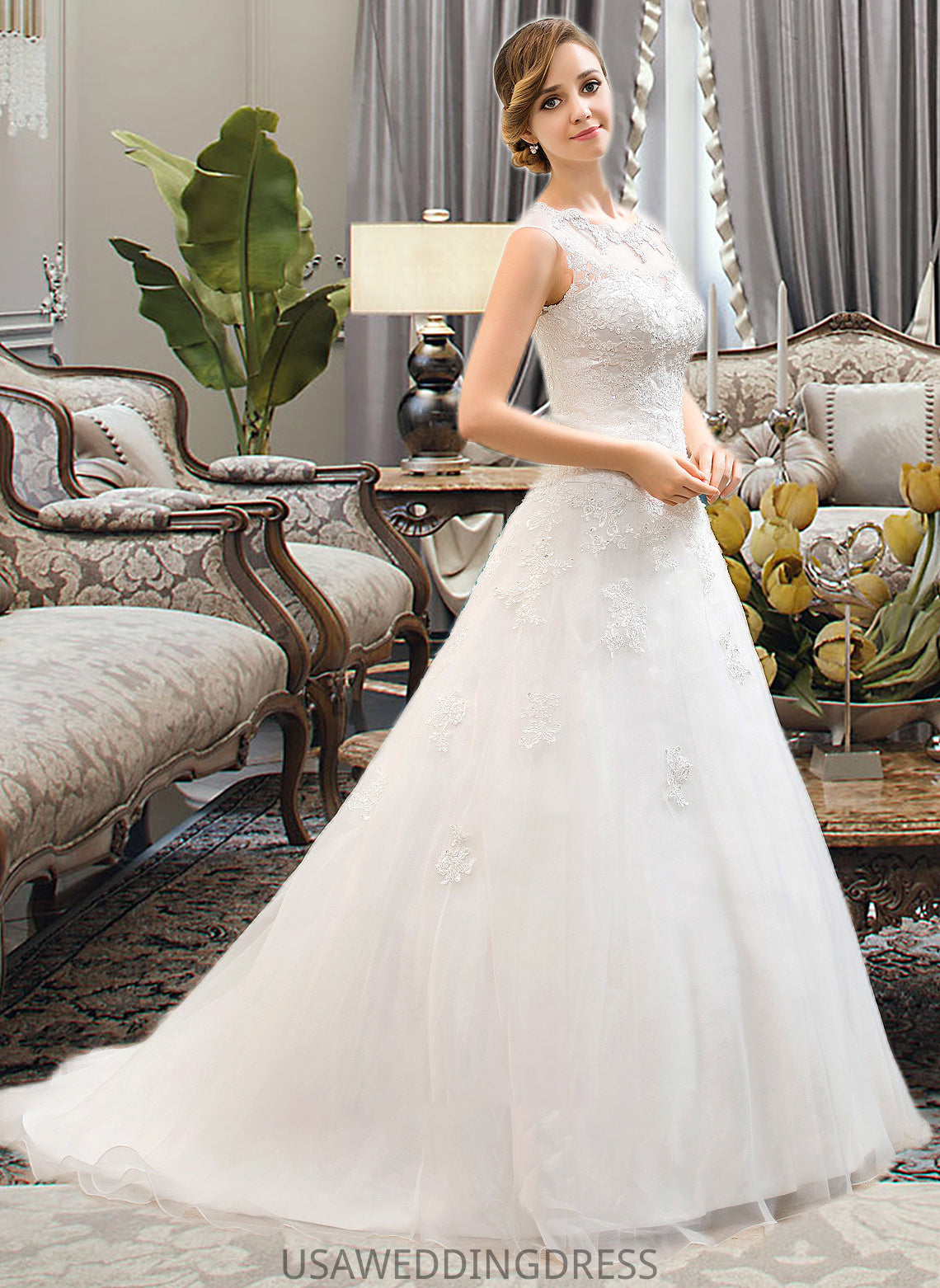 Irene Ball-Gown/Princess Illusion Sweep Train Organza Tulle Wedding Dress With Beading Sequins DSP0013719