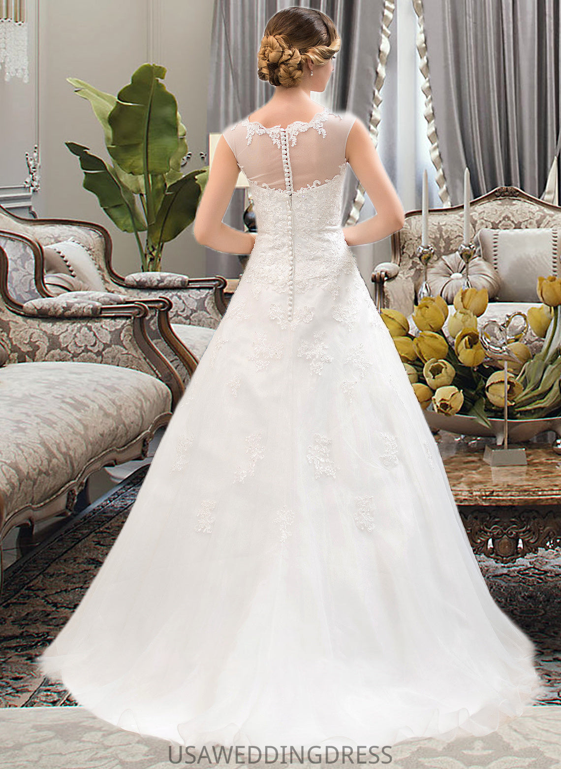 Irene Ball-Gown/Princess Illusion Sweep Train Organza Tulle Wedding Dress With Beading Sequins DSP0013719