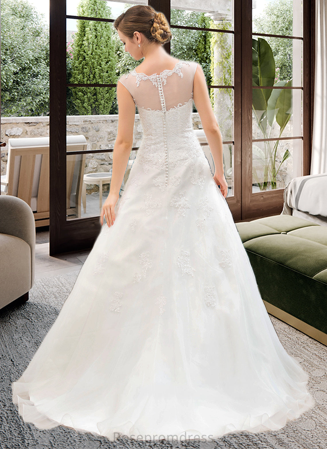 Nell Ball-Gown/Princess Illusion Sweep Train Organza Tulle Wedding Dress With Beading Sequins SRSP0013719