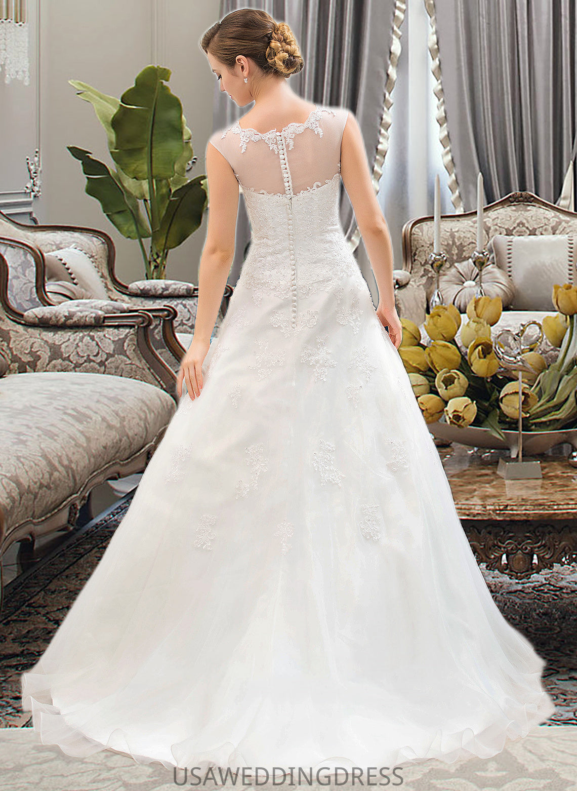 Irene Ball-Gown/Princess Illusion Sweep Train Organza Tulle Wedding Dress With Beading Sequins DSP0013719