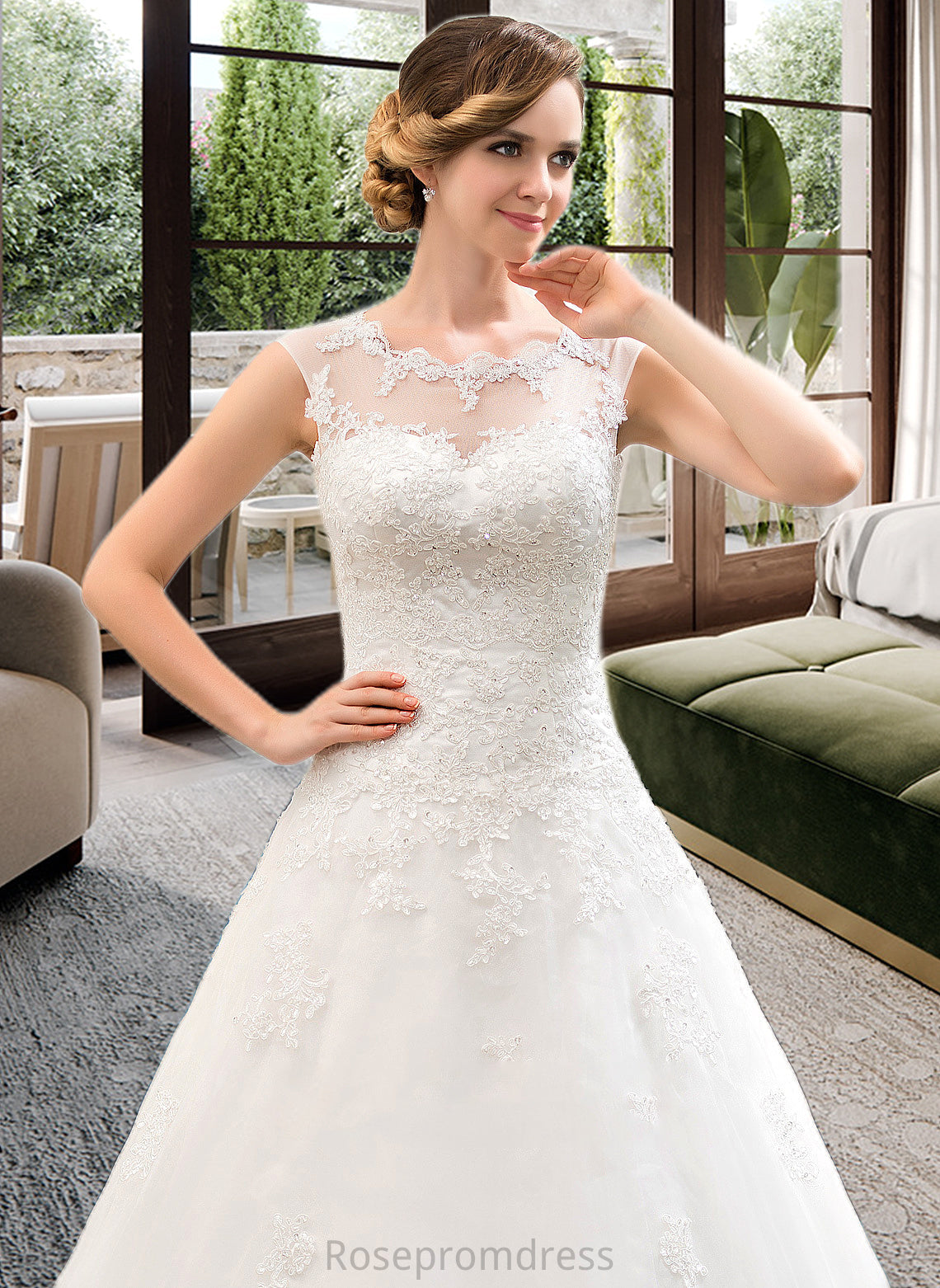 Nell Ball-Gown/Princess Illusion Sweep Train Organza Tulle Wedding Dress With Beading Sequins SRSP0013719