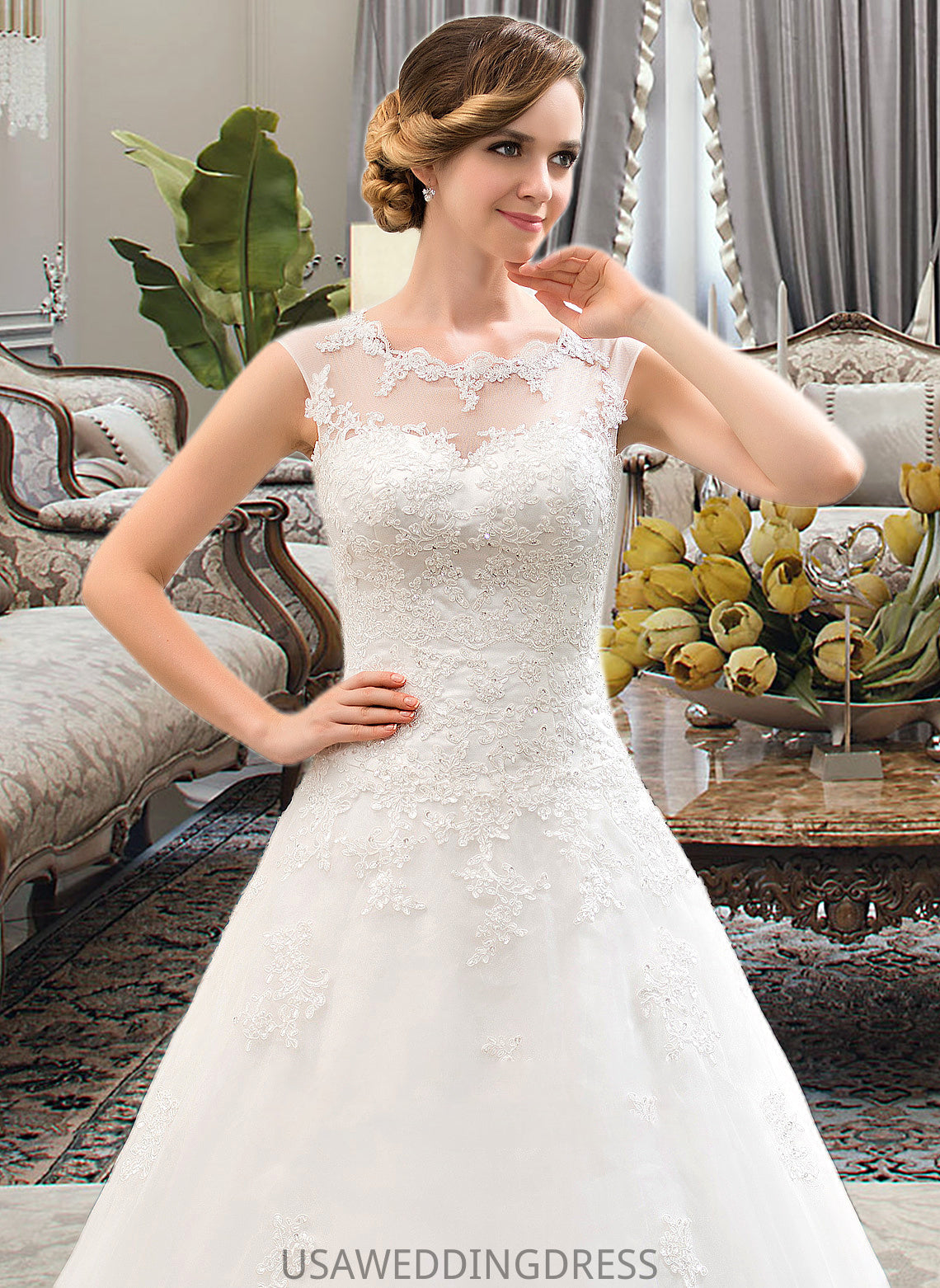 Irene Ball-Gown/Princess Illusion Sweep Train Organza Tulle Wedding Dress With Beading Sequins DSP0013719