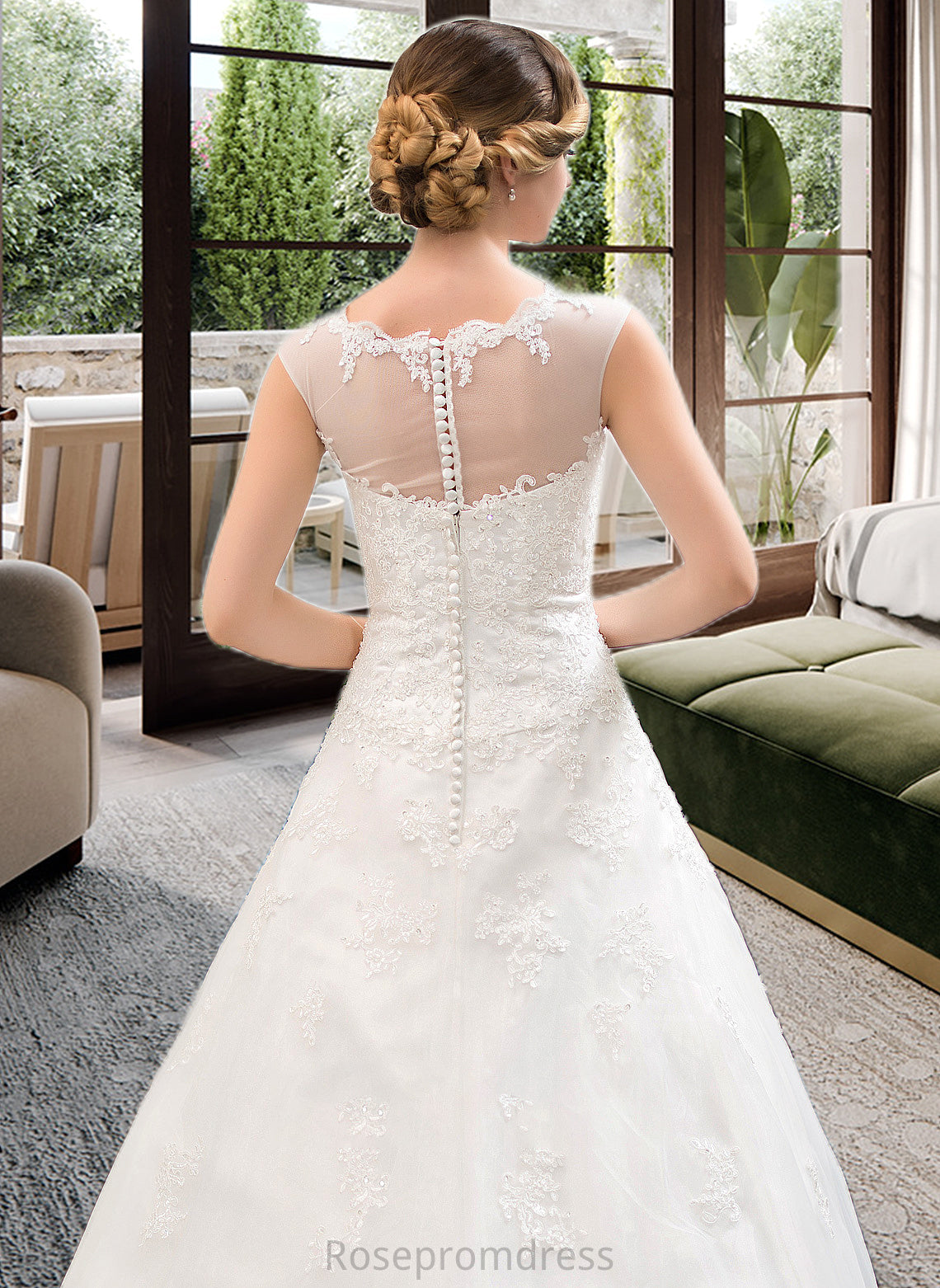 Nell Ball-Gown/Princess Illusion Sweep Train Organza Tulle Wedding Dress With Beading Sequins SRSP0013719