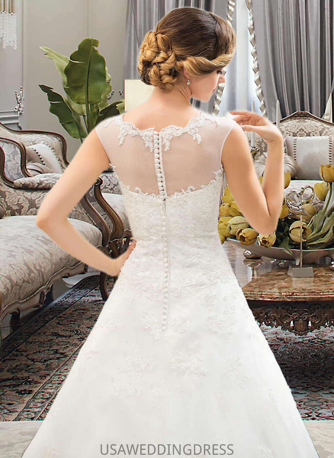 Irene Ball-Gown/Princess Illusion Sweep Train Organza Tulle Wedding Dress With Beading Sequins DSP0013719