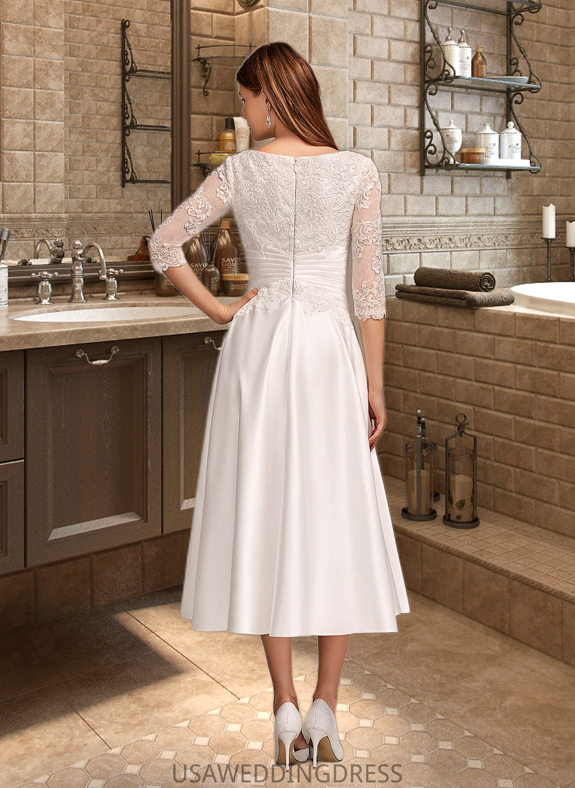 Ingrid A-Line Scoop Neck Tea-Length Wedding Dress With Pockets DSP0013723