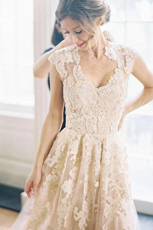 Elegant V-Neck Sleeveless Cap Sleeves Floor-Length Wedding Dress With SRSPRQZPNT7