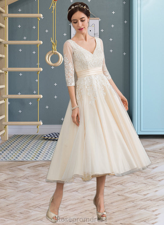Lucia Ball-Gown/Princess V-neck Tea-Length Tulle Wedding Dress SRSP0013731