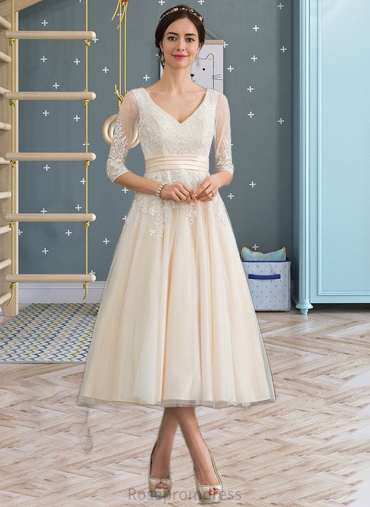 Lucia Ball-Gown/Princess V-neck Tea-Length Tulle Wedding Dress SRSP0013731
