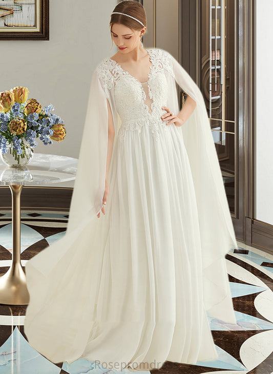 Miriam A-Line V-neck Floor-Length Chiffon Lace Wedding Dress With Sequins SRSP0013736