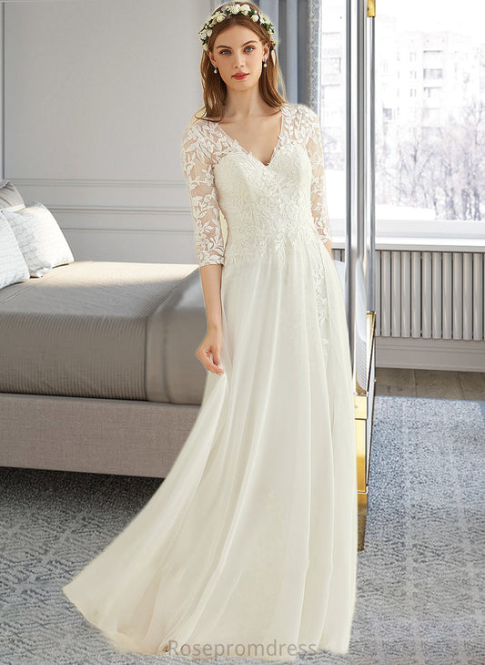 Giana A-Line V-neck Floor-Length Chiffon Lace Wedding Dress SRSP0013745