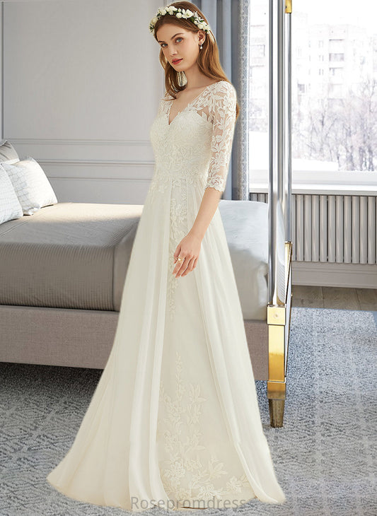 Giana A-Line V-neck Floor-Length Chiffon Lace Wedding Dress SRSP0013745