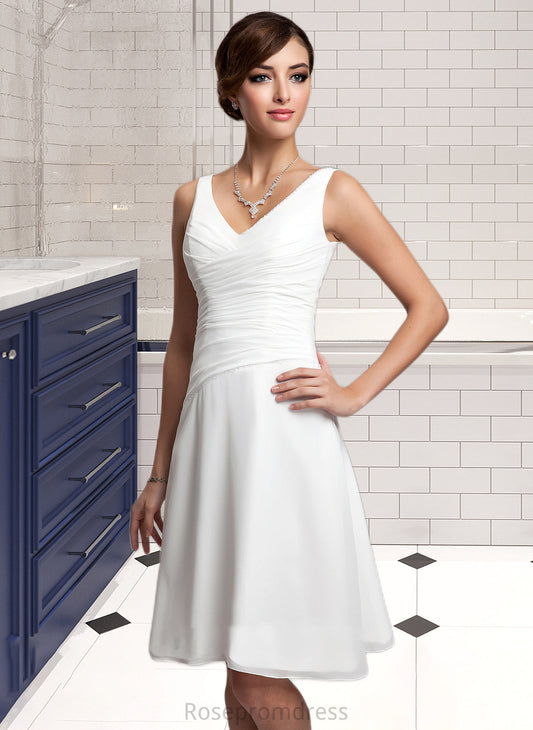 Ariella A-Line V-neck Knee-Length Chiffon Wedding Dress With Ruffle Beading Sequins SRSP0013752