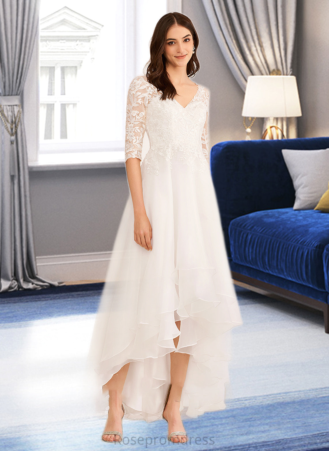 Angelica A-Line V-neck Asymmetrical Wedding Dress With Beading Sequins SRSP0013755