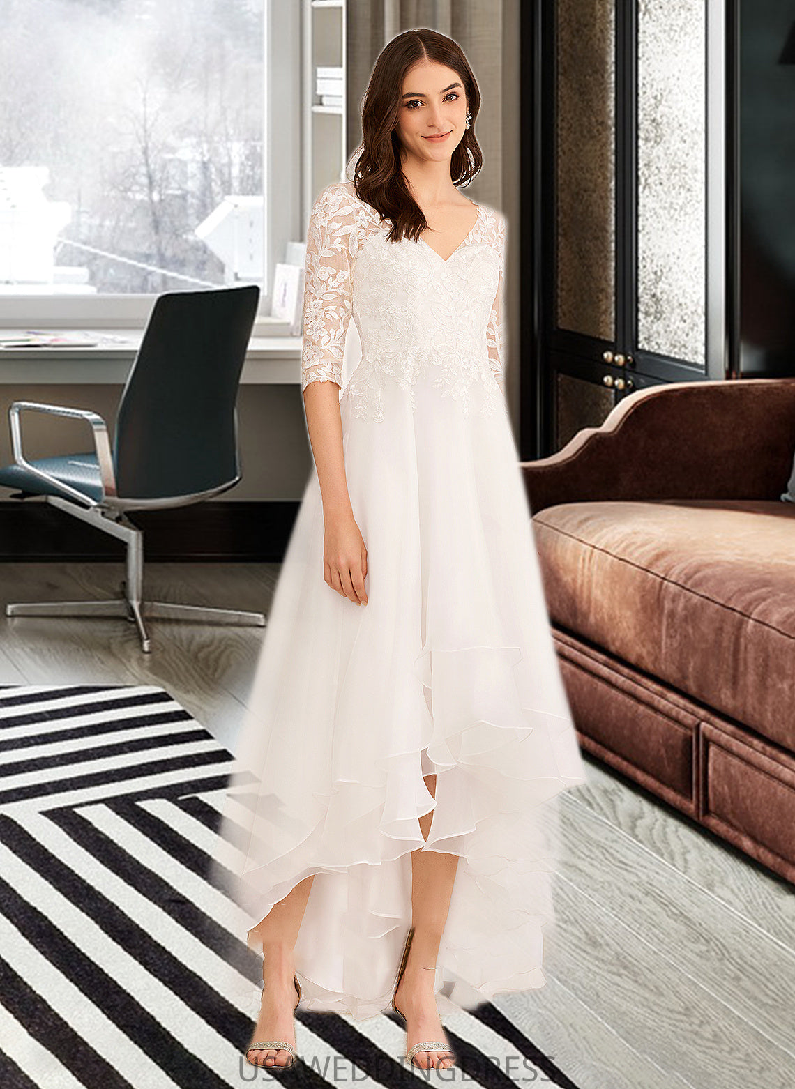 Elyse A-Line V-neck Asymmetrical Wedding Dress With Beading Sequins DSP0013755