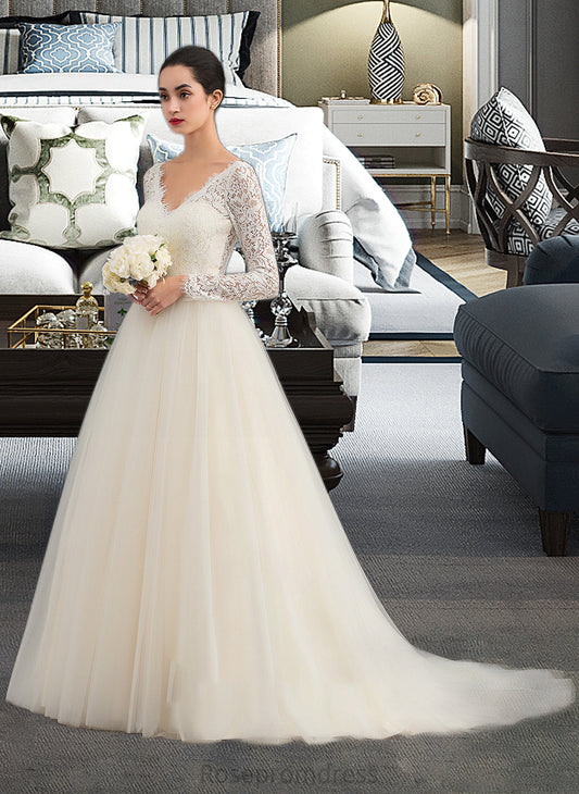 Carly Ball-Gown/Princess V-neck Court Train Tulle Lace Wedding Dress SRSP0013756