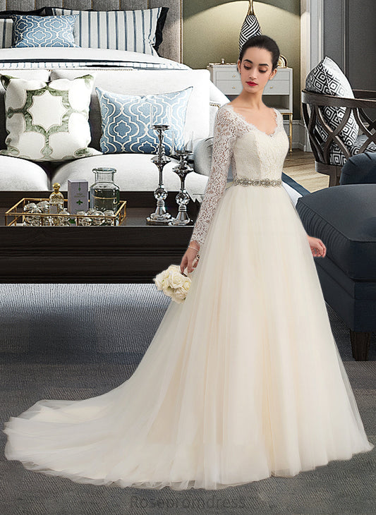 Carly Ball-Gown/Princess V-neck Court Train Tulle Lace Wedding Dress SRSP0013756