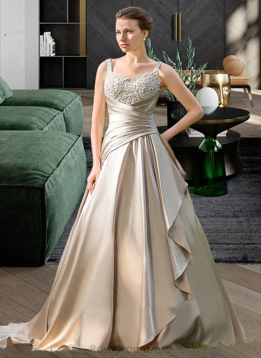 Phoebe Ball-Gown/Princess Sweetheart Court Train Satin Wedding Dress With Ruffle Beading Appliques Lace Cascading Ruffles SRSP0013757