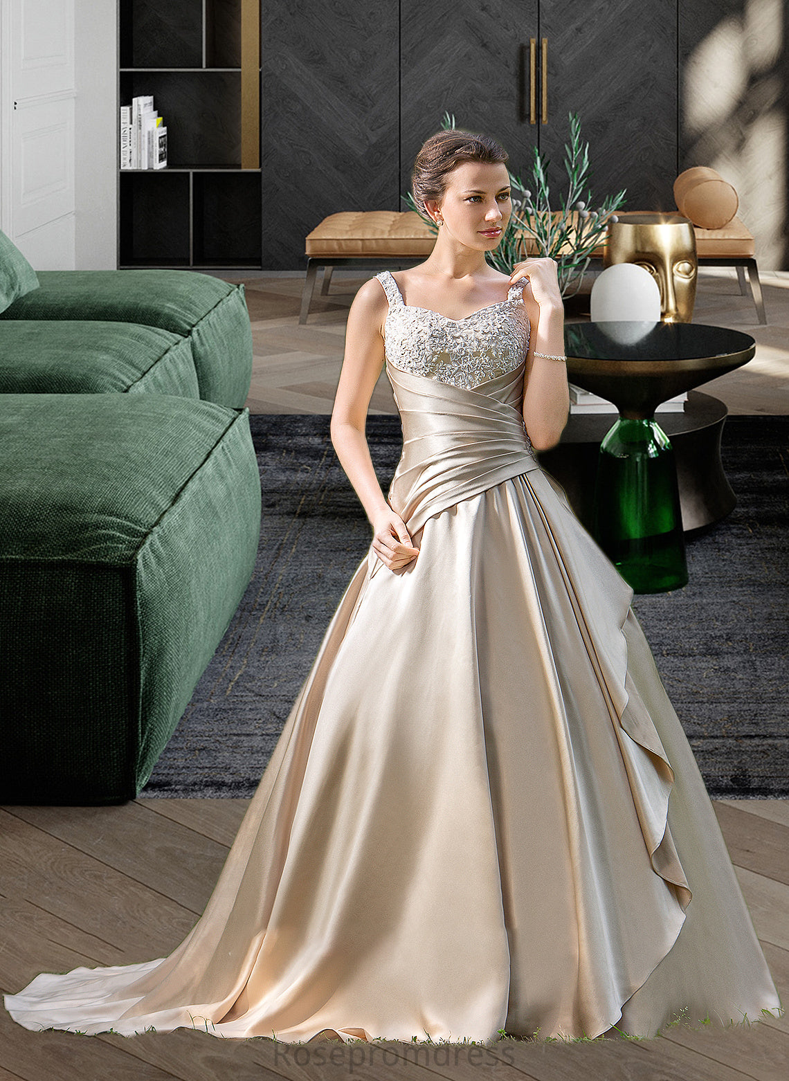Phoebe Ball-Gown/Princess Sweetheart Court Train Satin Wedding Dress With Ruffle Beading Appliques Lace Cascading Ruffles SRSP0013757