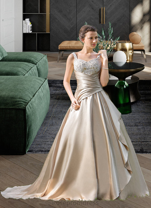 Phoebe Ball-Gown/Princess Sweetheart Court Train Satin Wedding Dress With Ruffle Beading Appliques Lace Cascading Ruffles SRSP0013757