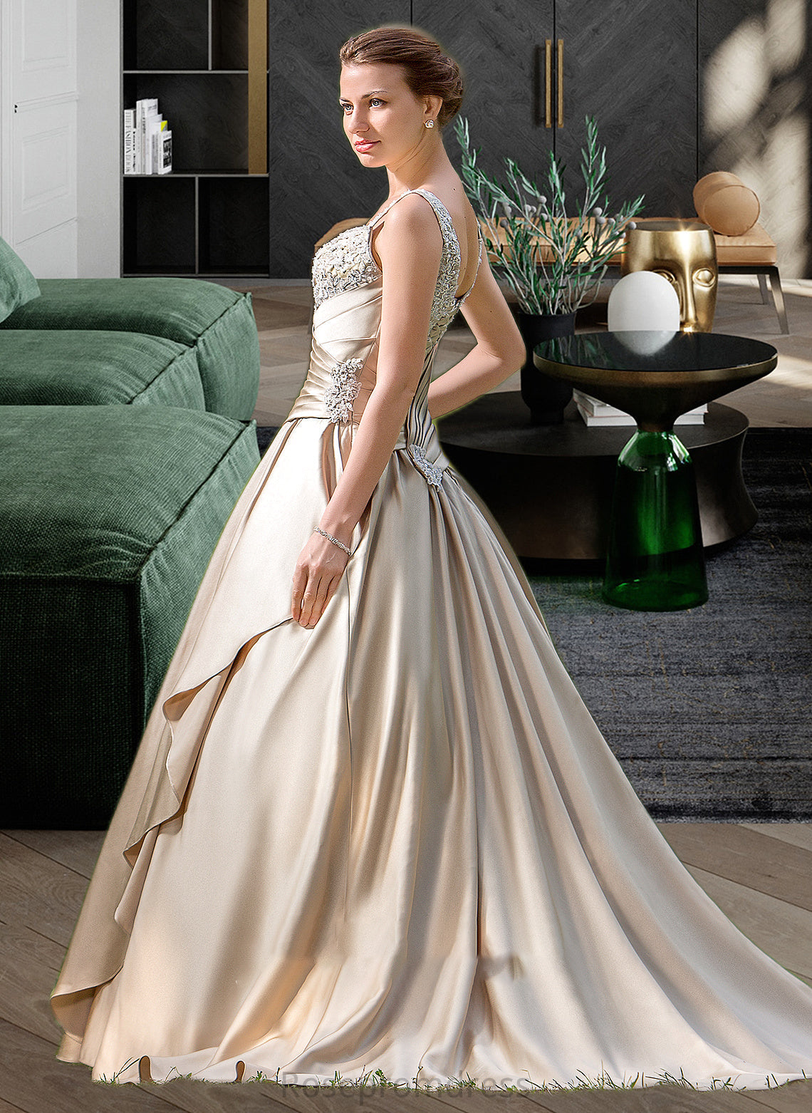 Phoebe Ball-Gown/Princess Sweetheart Court Train Satin Wedding Dress With Ruffle Beading Appliques Lace Cascading Ruffles SRSP0013757