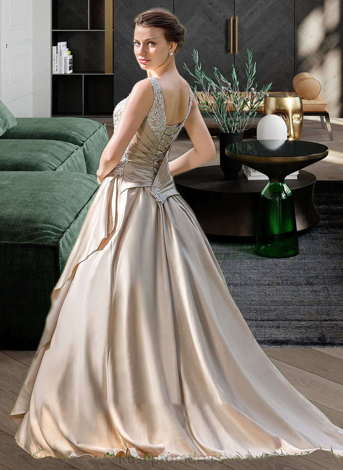 Phoebe Ball-Gown/Princess Sweetheart Court Train Satin Wedding Dress With Ruffle Beading Appliques Lace Cascading Ruffles SRSP0013757