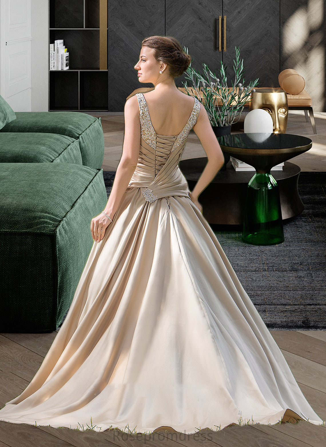 Phoebe Ball-Gown/Princess Sweetheart Court Train Satin Wedding Dress With Ruffle Beading Appliques Lace Cascading Ruffles SRSP0013757