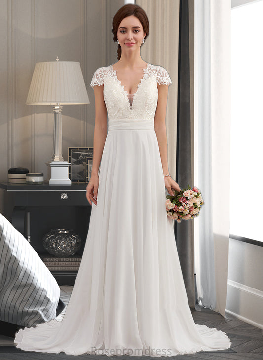 Emery A-Line V-neck Sweep Train Chiffon Wedding Dress With Ruffle SRSP0013761