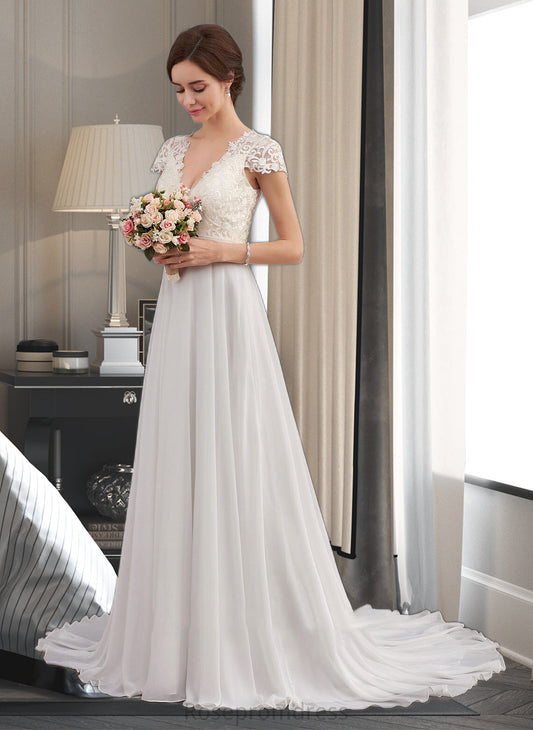 Emery A-Line V-neck Sweep Train Chiffon Wedding Dress With Ruffle SRSP0013761