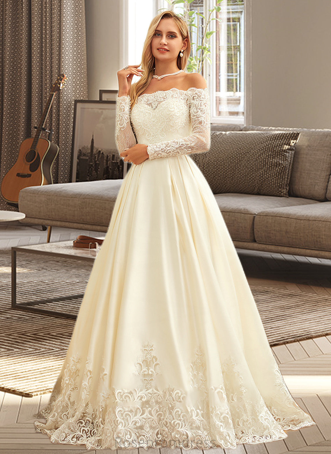Michaela Ball-Gown/Princess Sweep Train Satin Wedding Dress With Beading Sequins SRSP0013768