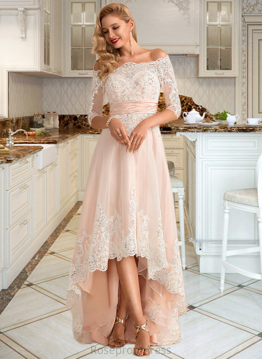 Aubree A-Line Asymmetrical Satin Tulle Lace Wedding Dress With Sequins SRSP0013769