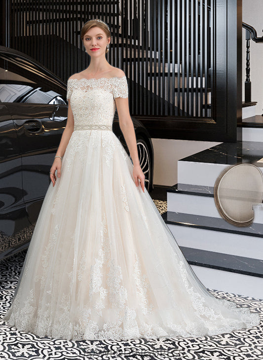 Ansley Ball-Gown/Princess Court Train Tulle Wedding Dress With Beading Sequins DSP0013770