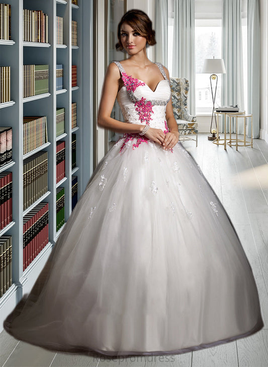 Abby Ball-Gown/Princess Sweetheart Chapel Train Tulle Wedding Dress With Ruffle Appliques Lace Bow(s) SRSP0013780