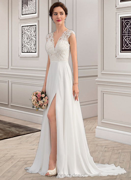 Monica A-Line V-neck Sweep Train Chiffon Wedding Dress With Split Front SRSP0013782
