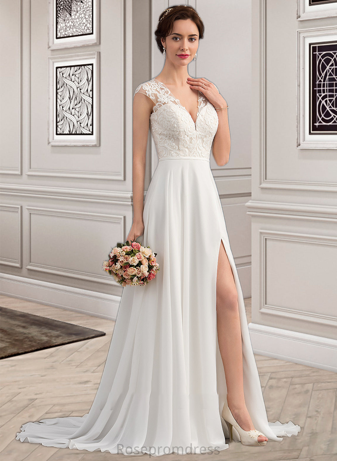 Monica A-Line V-neck Sweep Train Chiffon Wedding Dress With Split Front SRSP0013782