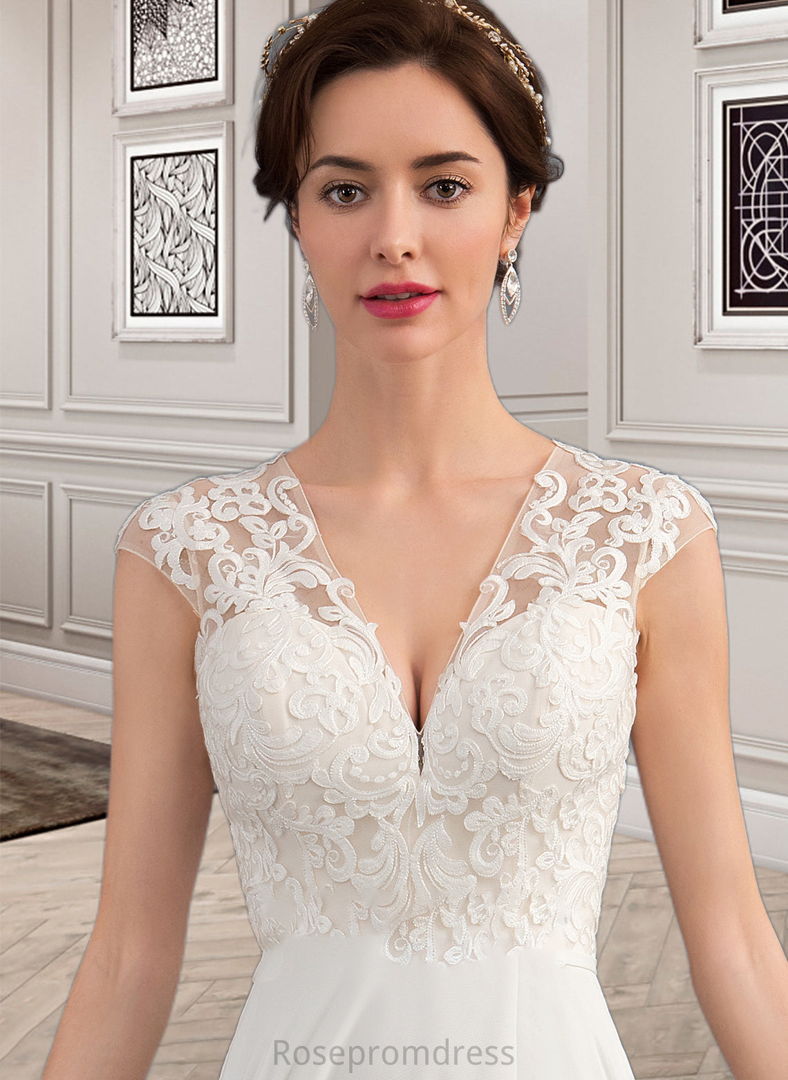 Monica A-Line V-neck Sweep Train Chiffon Wedding Dress With Split Front SRSP0013782