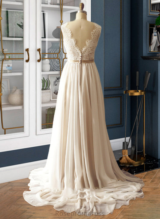 Lilyana A-Line V-neck Court Train Chiffon Wedding Dress SRSP0013785