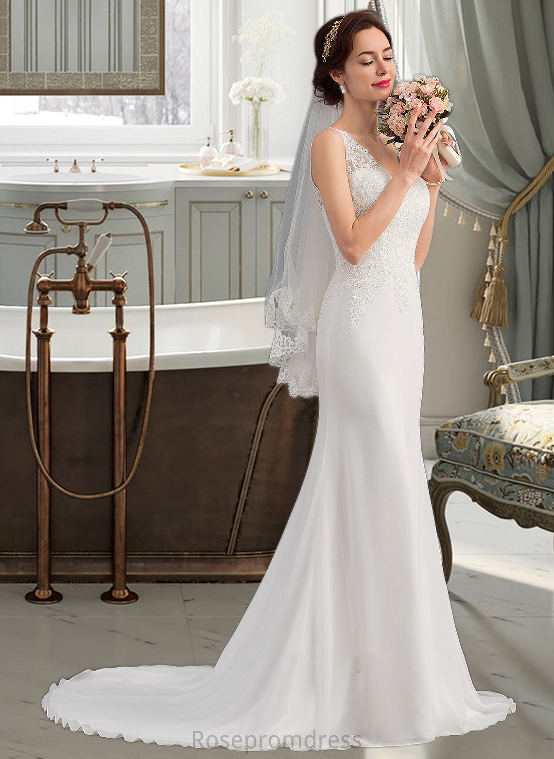 Millicent Trumpet/Mermaid V-neck Court Train Chiffon Wedding Dress SRSP0013788