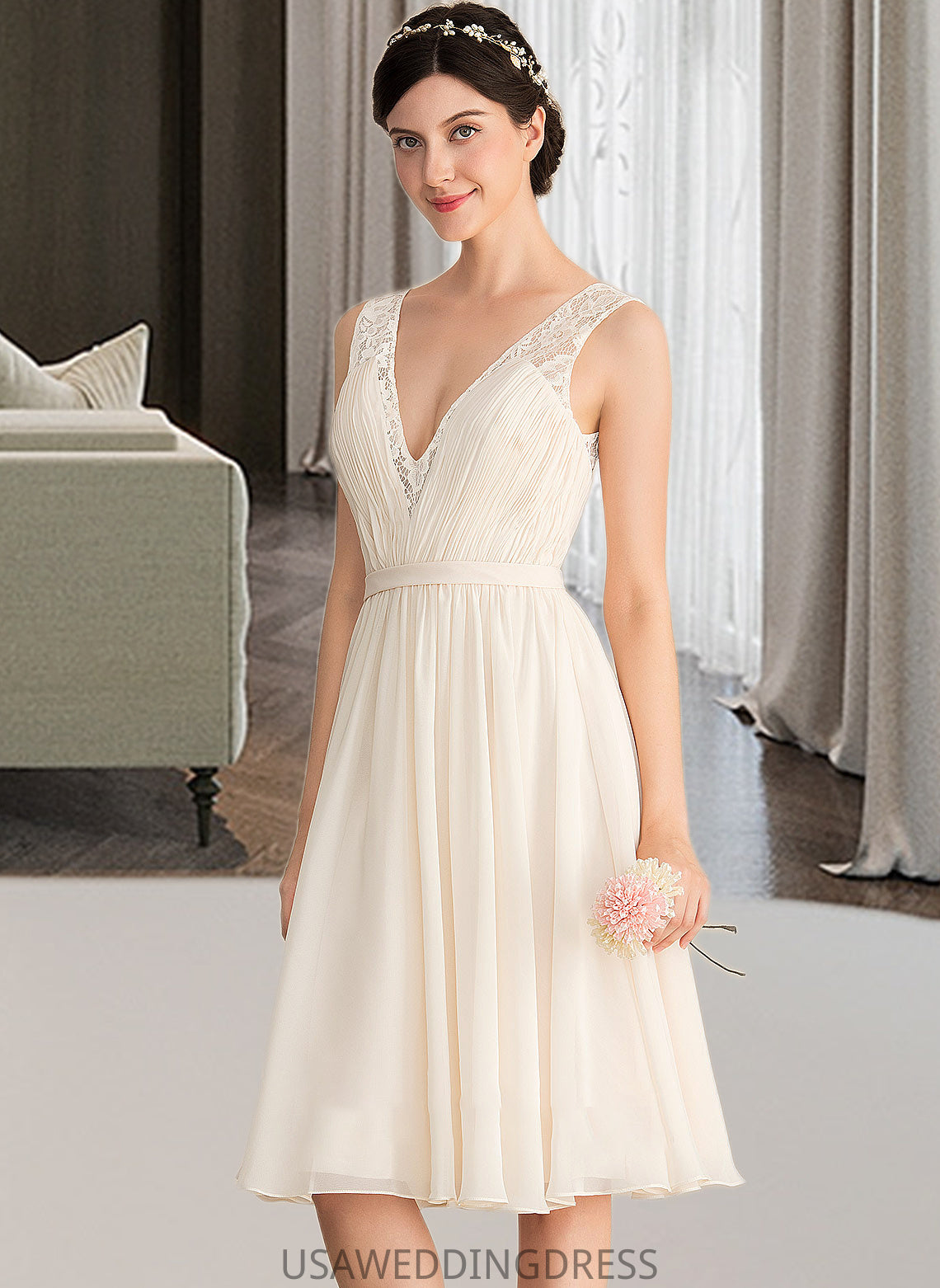 Elsa A-Line V-neck Knee-Length Chiffon Lace Wedding Dress With Ruffle DSP0013794