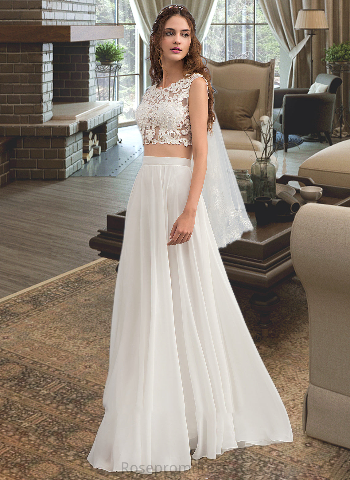 Carlee A-Line Scoop Neck Floor-Length Chiffon Wedding Dress With Beading Sequins SRSP0013799