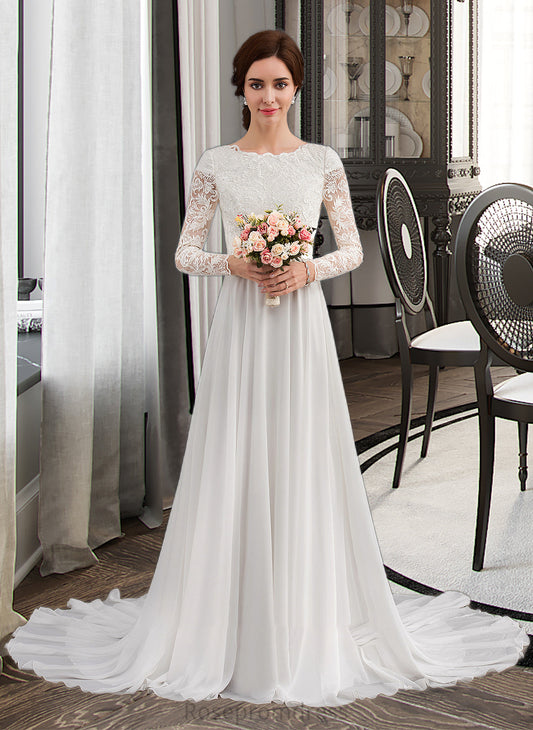 Danna A-Line Scoop Neck Court Train Chiffon Wedding Dress With Beading SRSP0013800