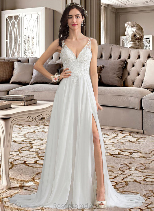 Nathaly A-Line V-neck Sweep Train Chiffon Wedding Dress With Beading Sequins Split Front SRSP0013806