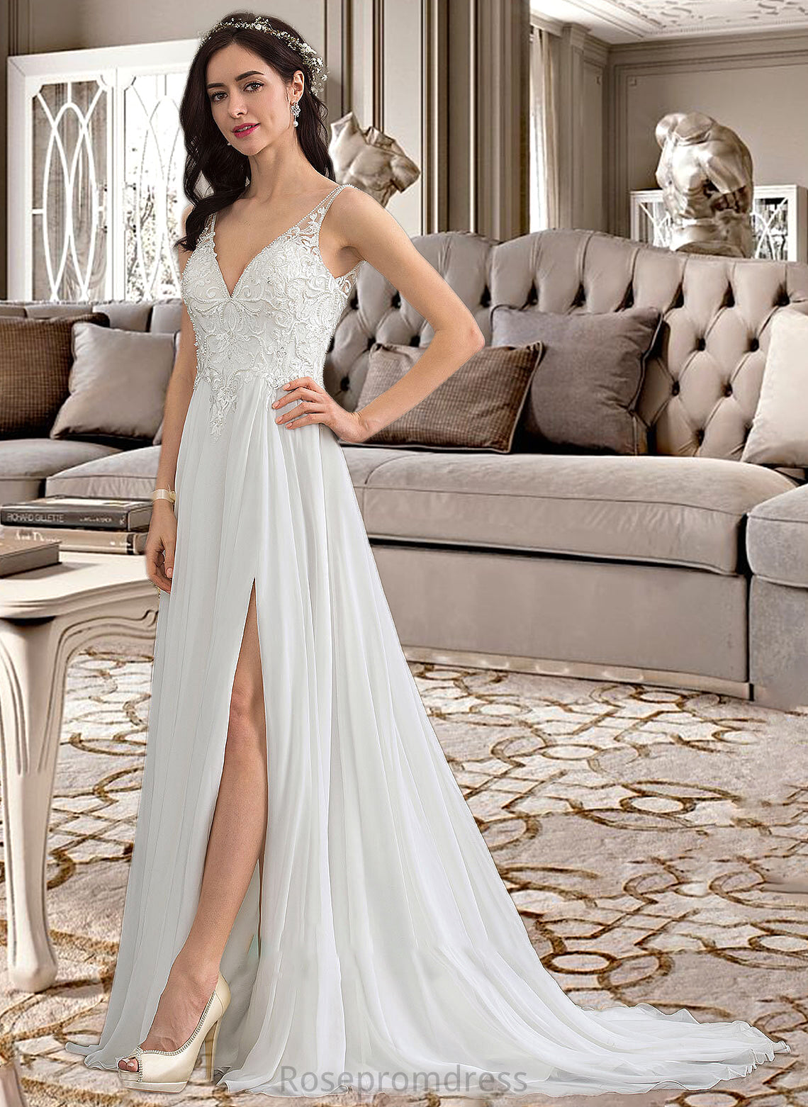 Nathaly A-Line V-neck Sweep Train Chiffon Wedding Dress With Beading Sequins Split Front SRSP0013806