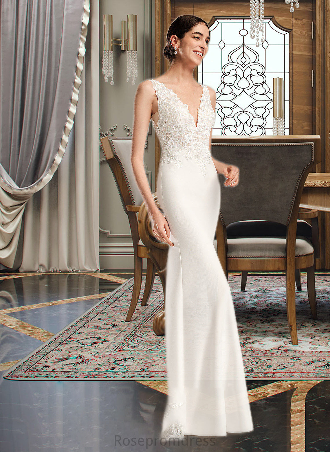 Libby Sheath/Column V-neck Court Train Wedding Dress With Sequins SRSP0013807