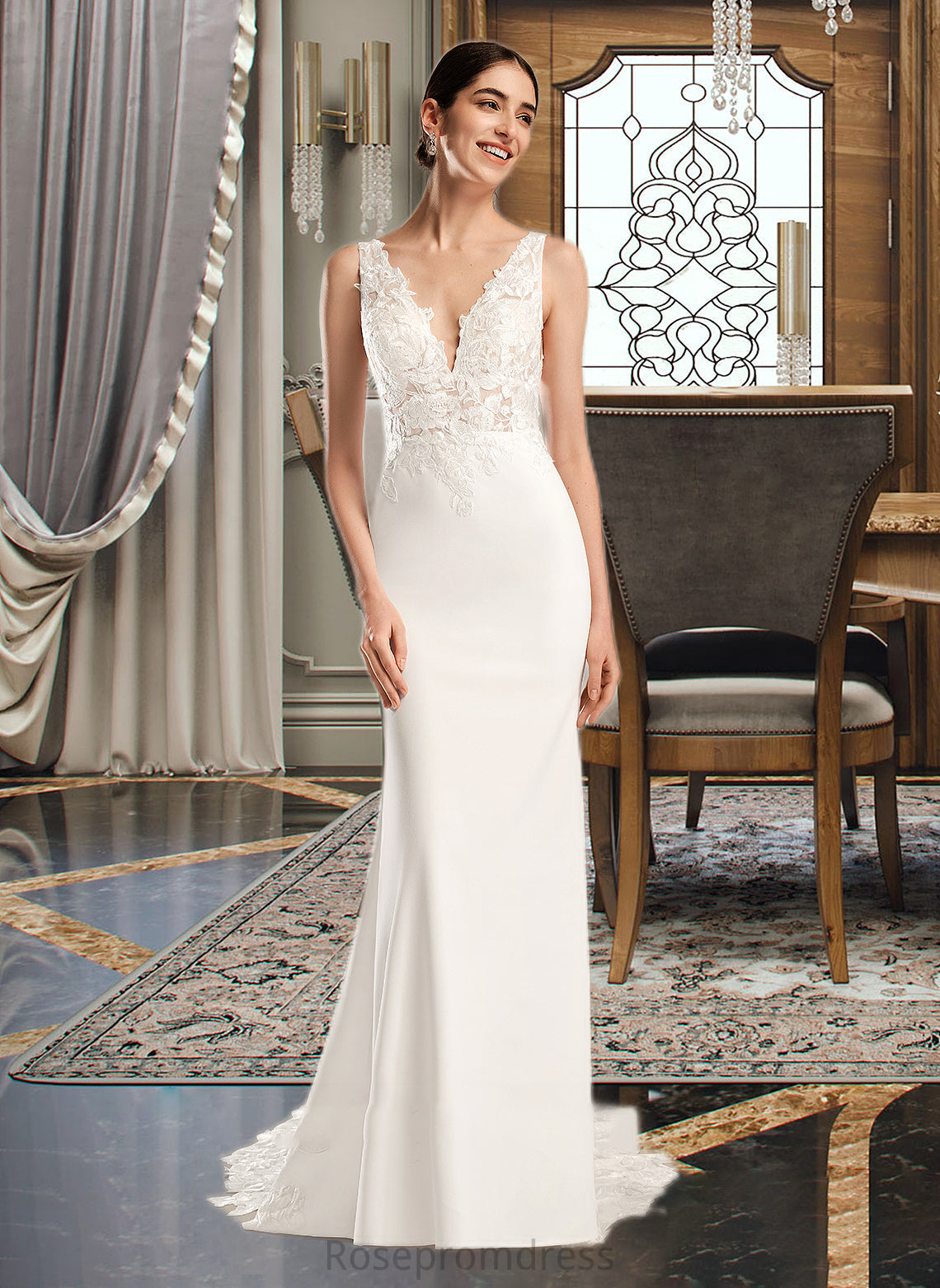 Libby Sheath/Column V-neck Court Train Wedding Dress With Sequins SRSP0013807