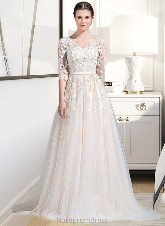 Alexis Ball-Gown/Princess V-neck Court Train Tulle Wedding Dress With Beading Appliques Lace Sequins Bow(s) SRSP0013809