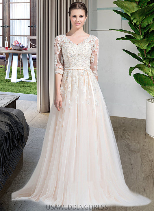 Gisselle Ball-Gown/Princess V-neck Court Train Tulle Wedding Dress With Beading Appliques Lace Sequins Bow(s) DSP0013809