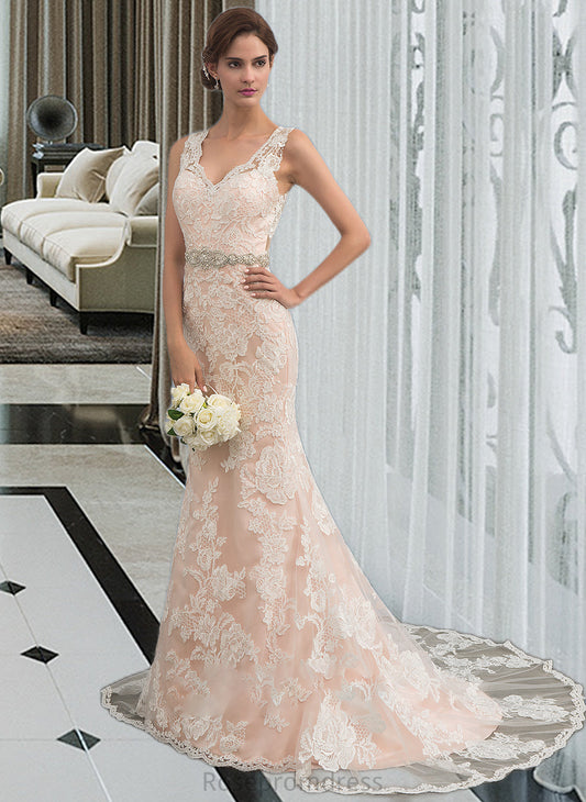 Everly Trumpet/Mermaid V-neck Chapel Train Tulle Lace Wedding Dress With Beading SRSP0013810