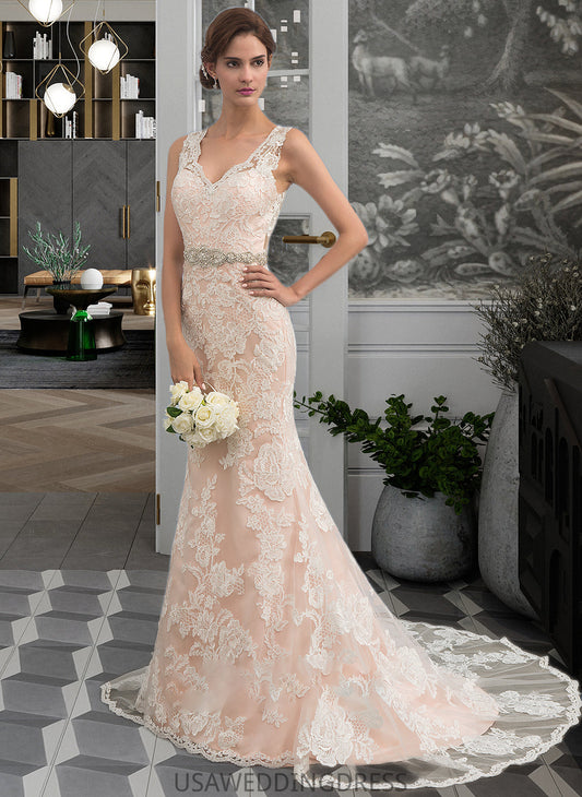 Lorelei Trumpet/Mermaid V-neck Chapel Train Tulle Lace Wedding Dress With Beading DSP0013810