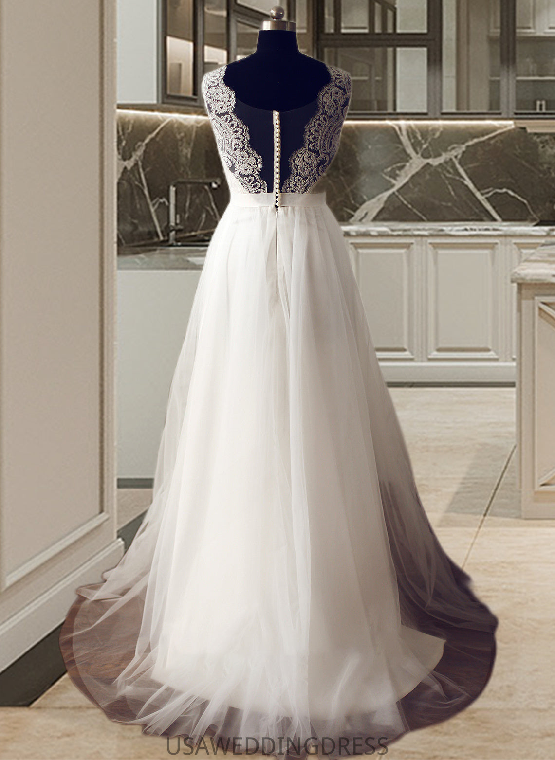 Adeline A-Line V-neck Sweep Train Tulle Wedding Dress DSP0013812